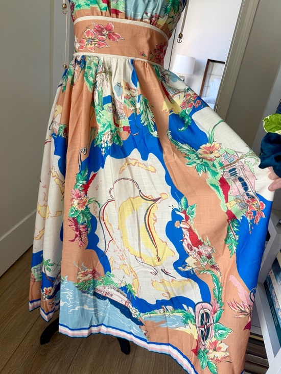 Zimmermann Alight Picnic Nautical Map Midi Dress Linen Blue Print - Picture 5 of 16